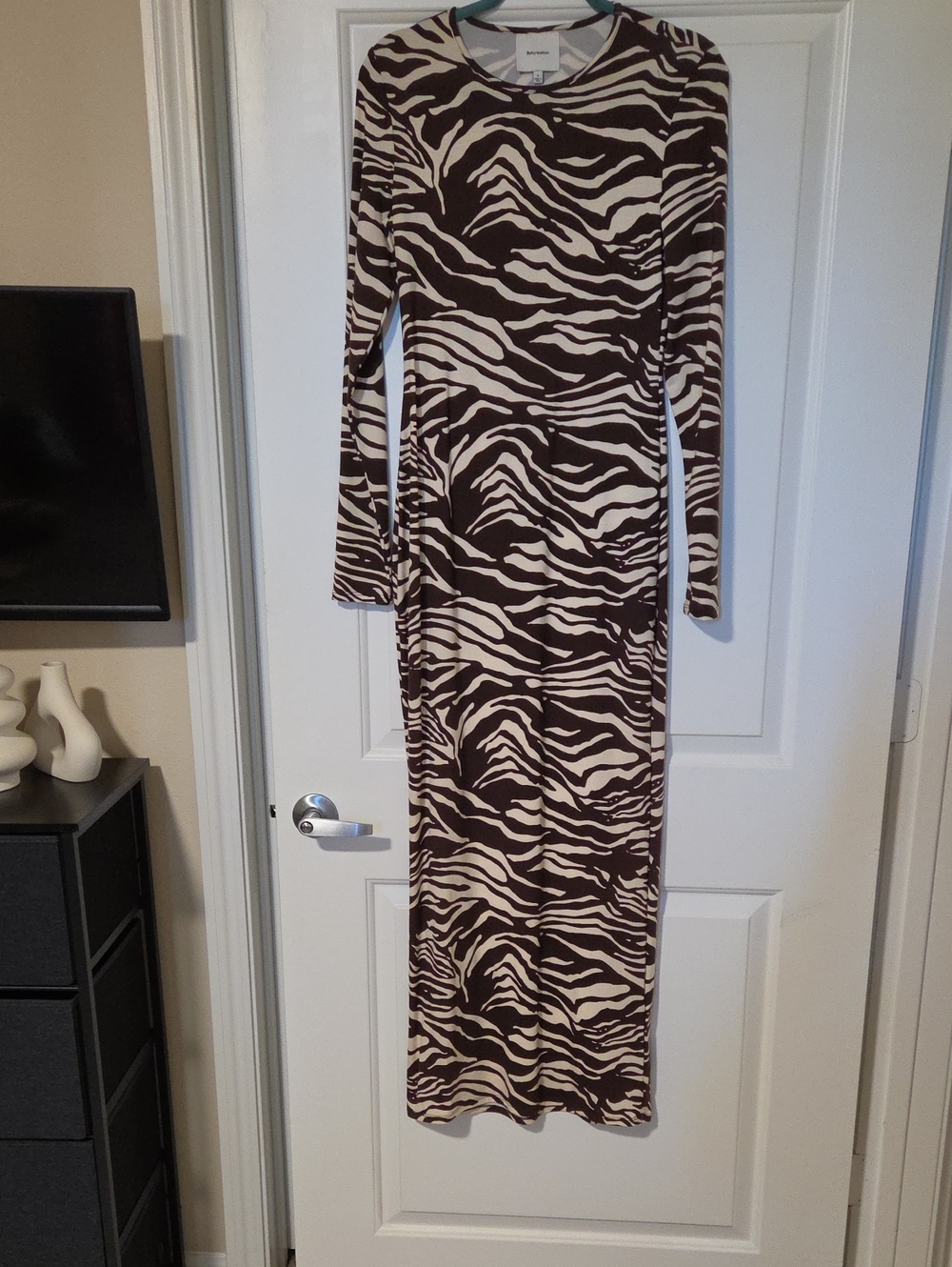 Reformation Brown and Cream Zebra Print Long Sleeve Maxi Dress